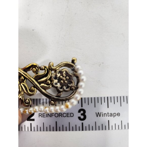 Vintage Brass Gold Tone Floral Design Brooch Pin With Beads Mid Century Modern - Picture 6 of 6